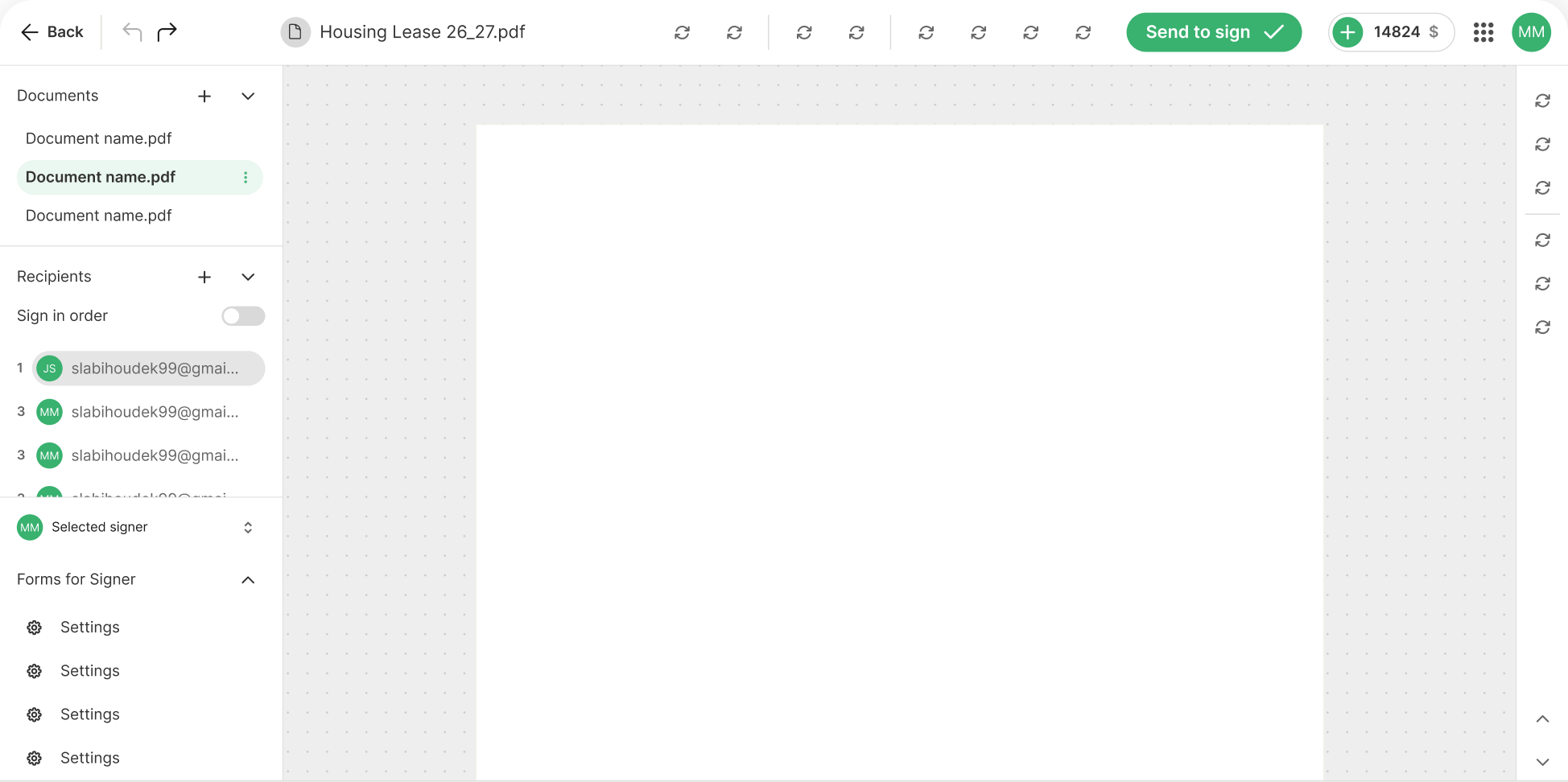Signosoft document editor showing recipients and signing fields